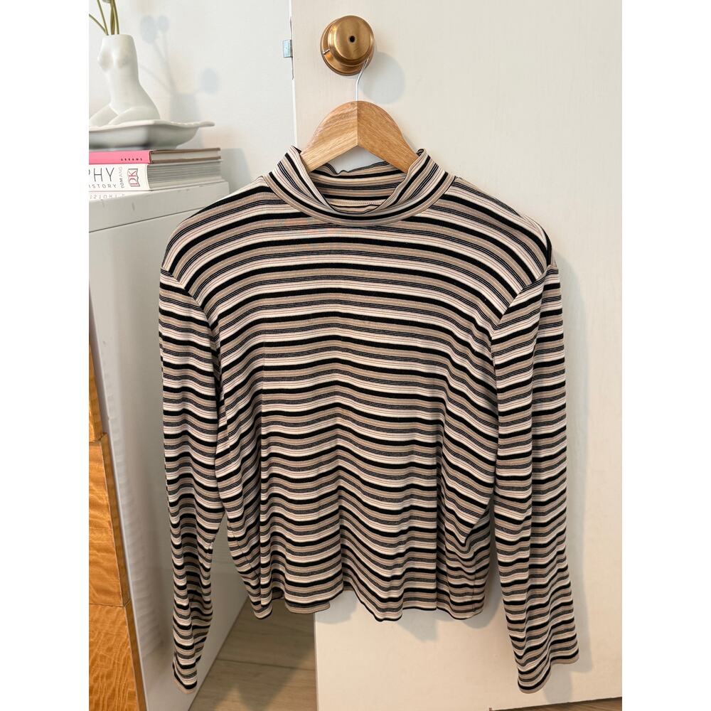 Neutral Striped Turtleneck Long Sleeve Top Cotton Minimalist Vintage ✨